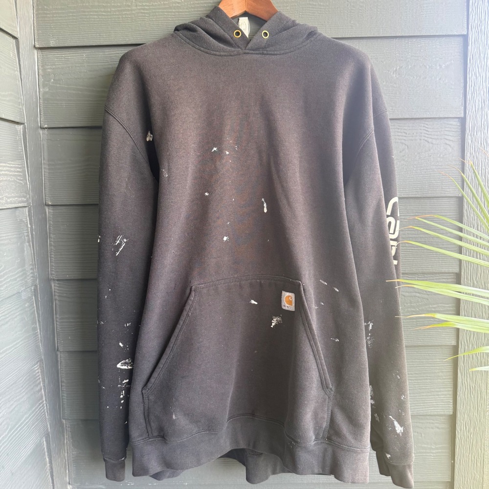 Distressed Carhartt Hoodie 2XL Tall Black Paint Splatter Workwear Sweatshirt